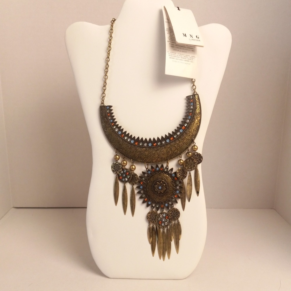 Mango MNG Tribal Bib Necklace Antique Gold Tone Boho Statement Beaded NWT